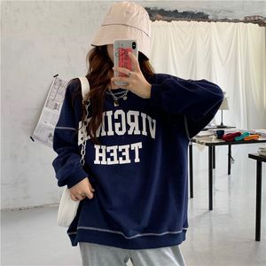 Qooth Autumn Grey Hoodie Round Neck Långärmad Sweatshirts Kvinnor Koreanska Navy Loose Hoodies Kvinna Casual Coat Qt209 210518