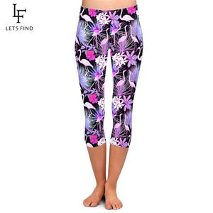 Letsfind D Tropical Rośliny i Kwiaty Flamingo Drukuj Legginsy Wysoka Talia Plus Size Slim Fitness Mid Calf