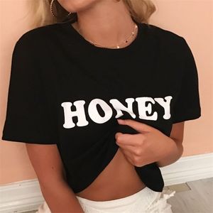 Honung röd bokstäver print bomull avslappnad rolig t-shirt för dam topp tee hipster tumblr kvinnor sommar mode grafisk 210607