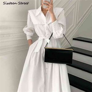 Branco elegante camisas vestido mulher com cinto rivet maxi vestido mulheres roupas vintage vintage Único-breasted veste vestidos feminino 210603