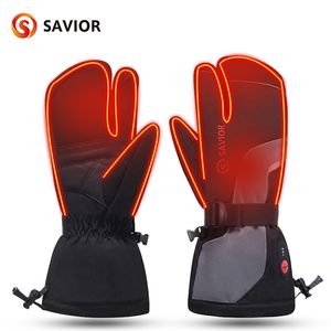 Frälsare uppvärmda handskar för män Kvinnor 3-Finger Ski Mitten 7.4V Laddbar Batteri Skidåkning 220106