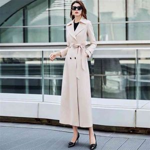 Autumn Long Trench Women Double Breasted With Belt Elegant Slim Solid Beige Coat Ladies Loose Outwear Windbreaker 210820