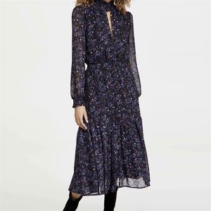 Kvinnor sommar vintage tryck klänning långärmad elastisk midja chiffong casual kvinnlig elegant foder a-line klänningar vestidos 210513