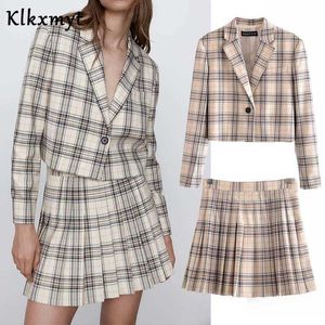 KLKXMYT ZA 2 Piece Наборы Женщины шикарные моды плед одной кнопки обрезанные пиджаки куртки и высокий Wasit мини-юбки 210527