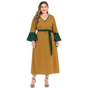 Plus Size Dresses Elegant V Neck Flare Long Sleeve Color Block Dots Printed Midi Dress Yellow with Sash Spring 210517