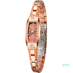 Rose Gold Color Ladies'Tungsten Klocka med naturliga zirkoner om Case Super Slim Fashion Armband Montre Femme Clock J0515