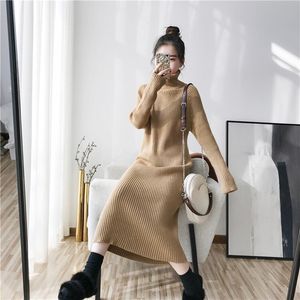 Autumn Winter Women Turtleneck Pullover Sweater Fashion Solid Color Long Sleeve Warm Thick Midi Knitted Dress 210416