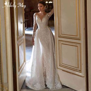 Adoly Mey Gorgeous Appliques Detachable Train Lace Mermaid Wedding Dress 2021 Scoop Neck Beading Long Sleeve Vintage Bridal Gown