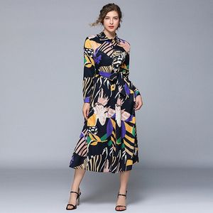 Spring Women's Runway Dresses Turn Down Collar Long Sleeve Floral Printed Maxi Long Dress High Street Designer Loose shirt Dress 210514