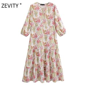 Kobiety Vintage o Neck Lace Up Print Casual Luźna Sukienka Chic Kobieta Trzy Czwarty Rękaw Vestidos Party Dresses DS4164 210420