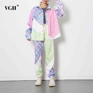 Hit Color Print Sets For Women Lapel Long Sleeve Shirt High Waist Casual Pants Female Two Piece Set Autumn Style 210531