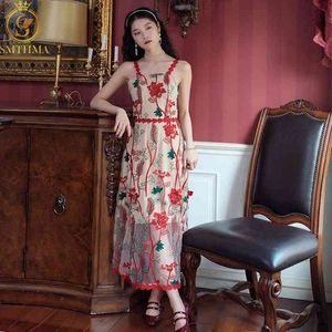 Chegada moda runway vintage verão vestido longo mulheres spaghetti strap lindo malha vermelha bordado floral 210520