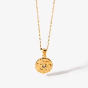 2022 Fashion Jewelry K Gold Plated Stainls Steel Single Zircon Hammered Coin Pendant Necklac For Women Accsori