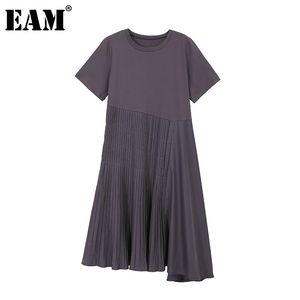 [Eam] Mulheres Cinza Irregular Plissado Longo Vestido em torno do pescoço de manga curta Solta Fit Moda Primavera Verão 1d8684 21512