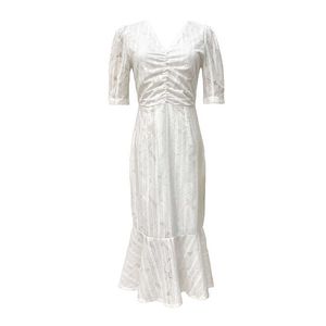 VIELLEICHT U Weiße Spitze V-Ausschnitt Halbarm Meerjungfrau Trompete Knielanges Kleid Vintage Sommer D1926 210529