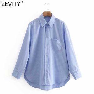 Zeveity Женская мода Pocket Striped Print Повседневная Свободные Smock Блузка Офис Леди Стилельская Деловая Рубашка Chic Blusas Tops LS7422 210603