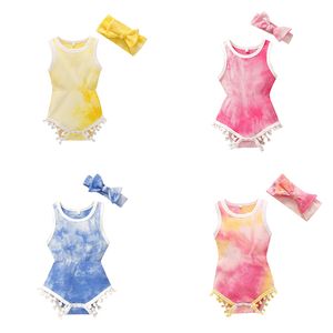 Tie Infant Tie Romper Roupas Sets Meninas Sem Mangas Borla Bola Jumpsuit + Bow Headbands 2pcs / Set toddler Baby M3084