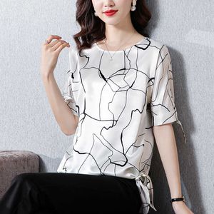 الكورية المرأة قميص الحرير البلوزات للنساء قصيرة الأكمام طباعة أنثى الأعلى س الرقبة بلوزة امرأة الأساسية S 210604