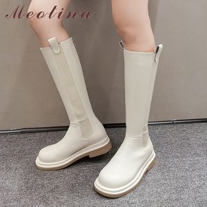 Botas de equitação Mulheres sapatos de couro genuíno plataforma de couro plana joelho alto rodada dedo zíper senhoras longas marrom preto 210517