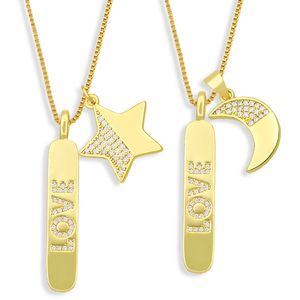 18K Gold Cubic Zircon Loe Bar Pendant Necklace Diamond Moon Star Hand Necklaces Goden Chain for Women Men Hip Hop Fashion Jewelry Will and Sandy