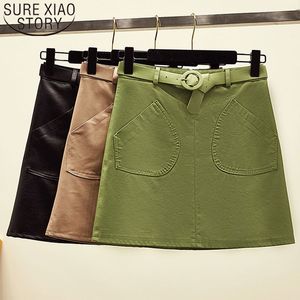 Faldas Mujer Moda High Waist Harajuku Korean Leather Green Skirts Women Mini Skirt Solid Pocket Belt 7487 50 210415