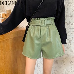 PU Woman Shorts Solid High Waist Korean Style Autumn Ropa de Fashion Elegant Belt Winter Mujer Pantalones 19244 210415