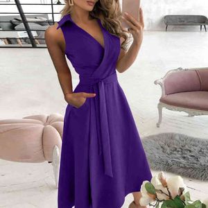 Fashion Woman Dress Turn-down Collar Pure Color Lacing Up Long Dress Robe Femme Sleeveless Spring Summer Casual Women Dresses Y1204