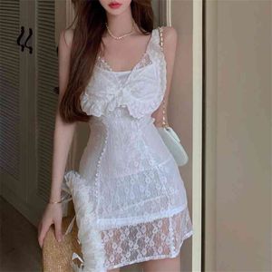 Lace Sexy Dress Feminino Francês Retro White White Summer Suspender 210529