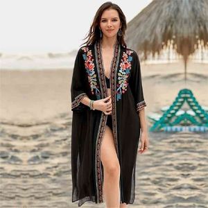 Ricamo Kaftan Beach Tunica Cotton Cover up Saida de Praia Costume da bagno Donna Bikini cover Pareo Sarong wear # Q940 210420