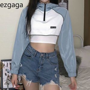 ezgaga 스포츠 후드 티 여성 블루 편지 자수 지퍼 긴 소매 ultrasrastort sweatshirt 가을 섹시한 풀 오버 느슨한 streetwear 210430