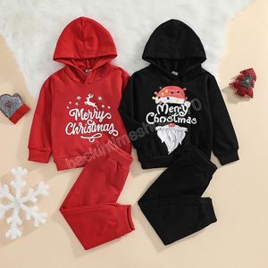 Çocuk Giyim Setleri Kız Erkek Kıyafetler Çocuk Noel Mektup Baskı Kapüşonlu Üstleri + Pantolon 2 adet / takım Bahar Sonbahar Moda Bebek Noel Giysileri