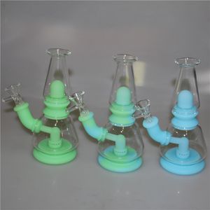 Silicone Bong Tubulações de Água Fumando Bubbler Brilho no Elevador de Vidro Escuro Capuz de Choceshah 14mm Joint Tigela Catcher