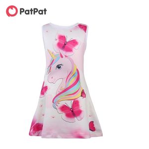 Sommer Schönes Einhorn und Schmetterlingsmuster Ärmelloses Kleid für Mädchen Allover 210528