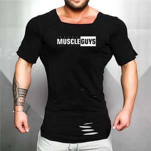 Summer Men's T-Shirts Fashion Short Sleeve Fitness Bodybuilding Tshirt Men Workout Slim Fit Ripped Hole Cotton tee tops 210421