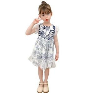 2022 Verão Novas Meninas Azul e Branco Porcelana Vestido de Moda Pôsteres Vestir de Alta Qualidade Children's Roupas de Gaze Manga Curta Meninas Vestidos