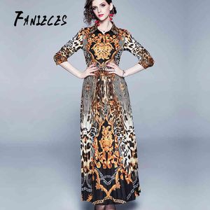 Runway Designer Wiosna Jesień Leopard Holiday Maxi Dress Kobiety Z Długim Rękawem Gorgeous Printed Vintage Koszula Suknie Vestido 210520