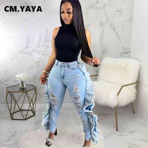 CM.YAYA Jeans Donna Strappato Foro Laterale Increspature Tasche A Vita Media Cerniera Elastico Matita Skinny Pantaloni Denim Pantaloni Moda Estate 211129