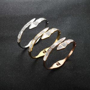 Moda CZ kryształy z białą skorupę bransoletki ze stali nierdzewnej dla kobiet Mężczyźni Luksusowy Modny Wąż Otwarty Mankiet Bransoletka Biżuteria Prezenty Q0717