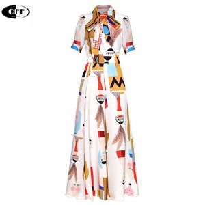 Summer Women Fashion Runway Garniaty Krótki Rękaw Cartoon Wydruk Koszula + Długie Spodnie + Łuk Elegancki Vintage Dwa 2 sztuki Zestaw Outfits X0428