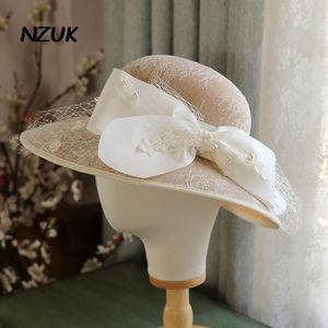 Headpieces NZUK Wedding Straw Fascinator Hat Hair Clips Elegant Ladies Pearl Bowknot Bride Veil Headpiece Church Party