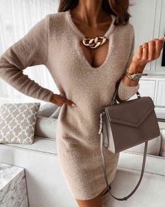 Autumn Winter Women Warm Elegant Fluffy Chain Decor Long Sleeve Sweater Dress Femme Robes Knitted Solid Casual Wear Vestido 210415