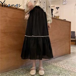 Vintage Pearl Elegant Long Skirts Women High-Waisted Pleated Skirt Summer Black Korean Style Splicing Aesthetic Midi Skirts 210619