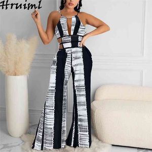 Jumpsuit Kvinna Halter Loose Print Fashion Backless Lace Up Sexy Rompers Playsuits Summer Streetwear Wide Leg Overaller 210513