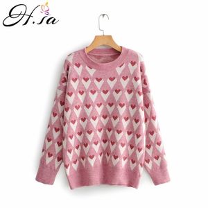 H.SA Donna Maglione invernale Pullover Manica lunga Oneck Stampa cuore Rosa Giallo Ponticelli Harajuku vestiti Knit Pull 210417