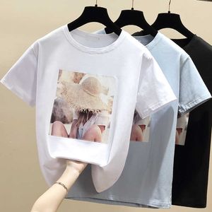 Korea Harajuku Branco Camiseta Mulheres Roupas O-pescoço Verão De Manga Curta Algodão Tops Casuais Azul Camiseta Femme 210604