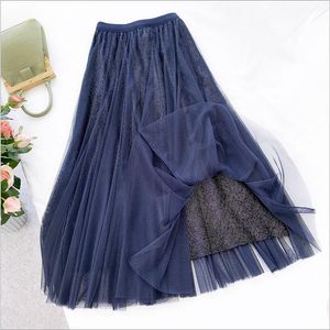 High Waist Women Mesh Tulle Skirts Summer Boho Women Long Lace Skirt Women A-Line Blue Skirts Femme Faldas Saias qh2119 210518