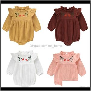 Jumpsuitsrompers Baby Clothing Baby Maternity Drop Delivery 2021 Rompers 5 Colors Flower Embroidery Lace Ruffle Solid Single Breasted Kids Ju