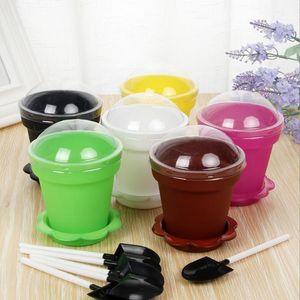 2022 Ny Flower Pot Cake Cups Spoon Set Ice Cream Ekoration för bröllop Barn Födelsedagsfest levererar bakverk bakverk verktyg