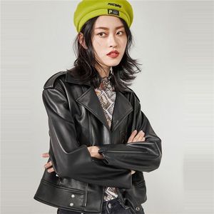 Mulheres Solher Jacket Outono Slim Manga Longa Surpreenda Collar Preto Motociclista Moto Couro Casaco Senhoras Zíper PCC Punk Outerwear 210525