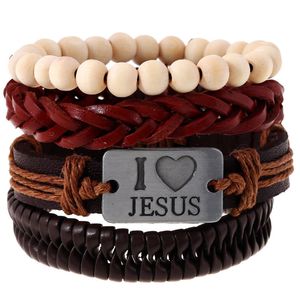 Corda de couro artesanal trançada ajustável multicamada charme pulseiras para homens mulheres punk eu amo jesus pulseira de moda jóias